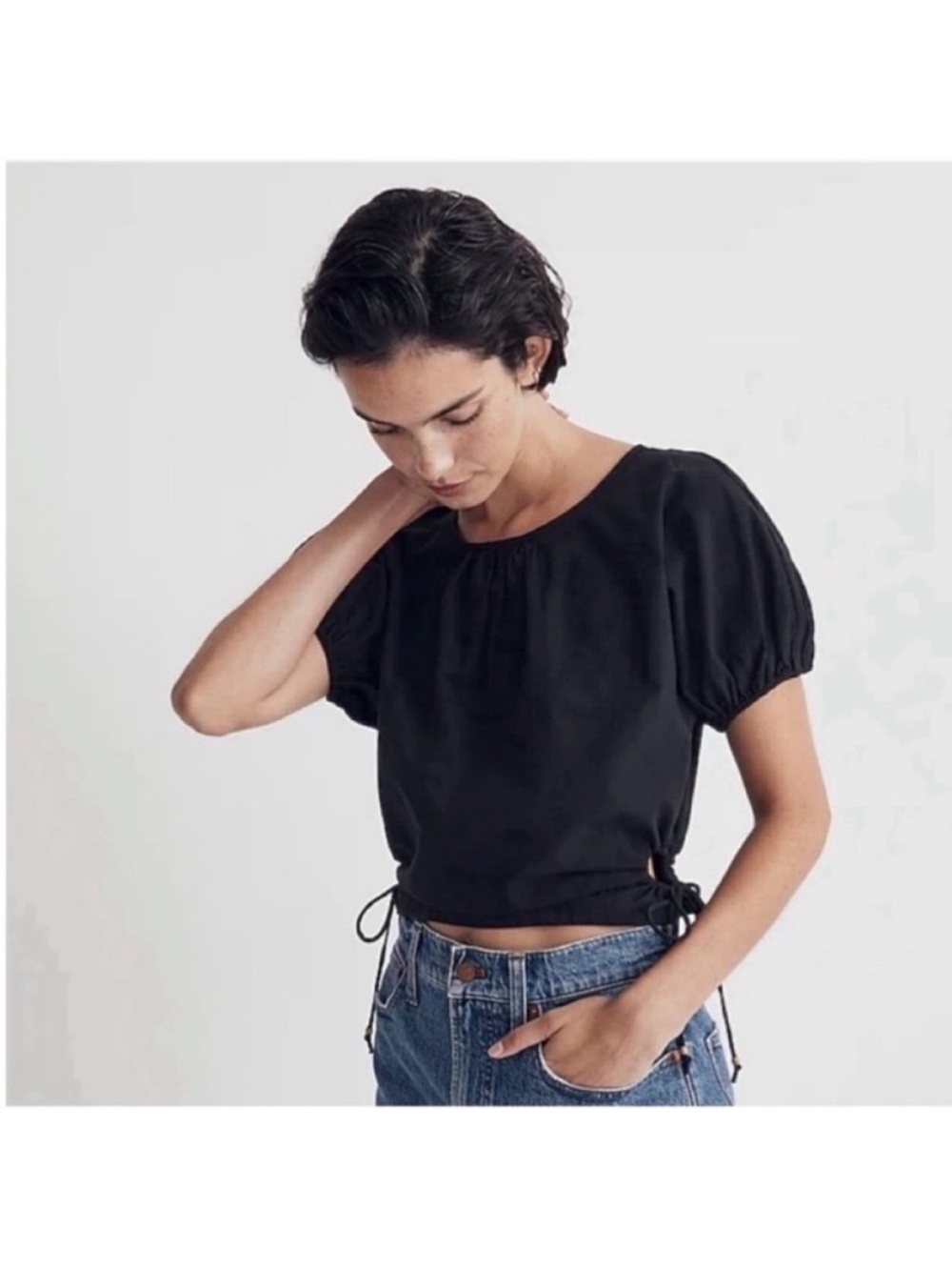 Madewell Poplin Puff Sleeve Cut Out Crop Top Black Size M